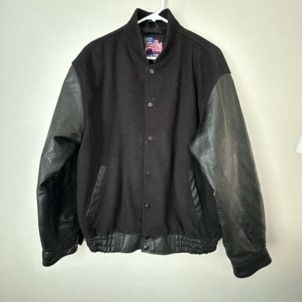 Classic Black Bomber Jacket with‎ Leather Sleeves